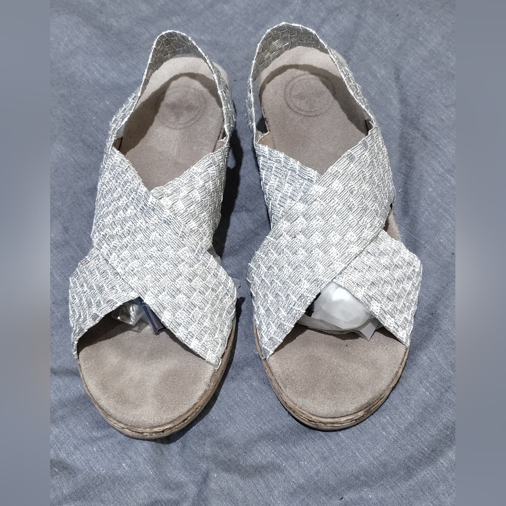 CHARLESTON SHOE CO. Silver Braided Crossover Sandals
